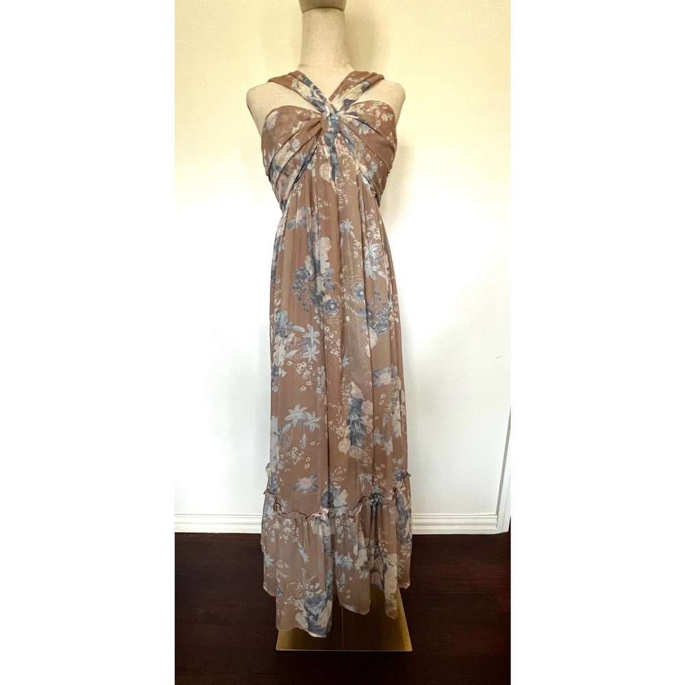PURPOSE + PASSION Boutique Beige Floral Bandeau Halter Ruffled Maxi Dress Sz S